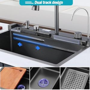 2024 popüler büyük tek Slot İşlevli lavabo Anti-Scratch LED dijital ekran 304 paslanmaz çelik şelale mutfak lavaboları - Product Image 6