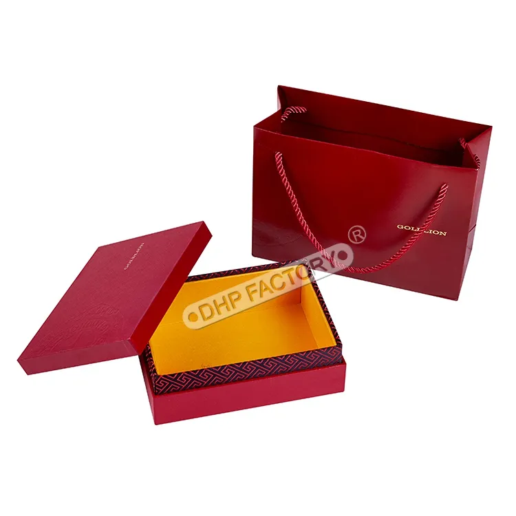 Caja de cartón roja con logotipo personalizado, bolso de regalo de marca de lujo, embalaje con bolsa de papel