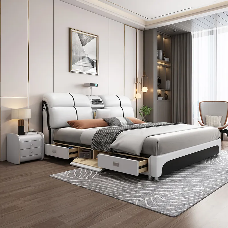 Tatami-cama de cuero con masaje para dormitorio principal, mueble moderno y sencillo, europeo