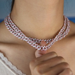 Hip Hop Bling <strong>Chain</strong> Rose Gold Plated pink Cz Miami Cuban Link Women Necklace
