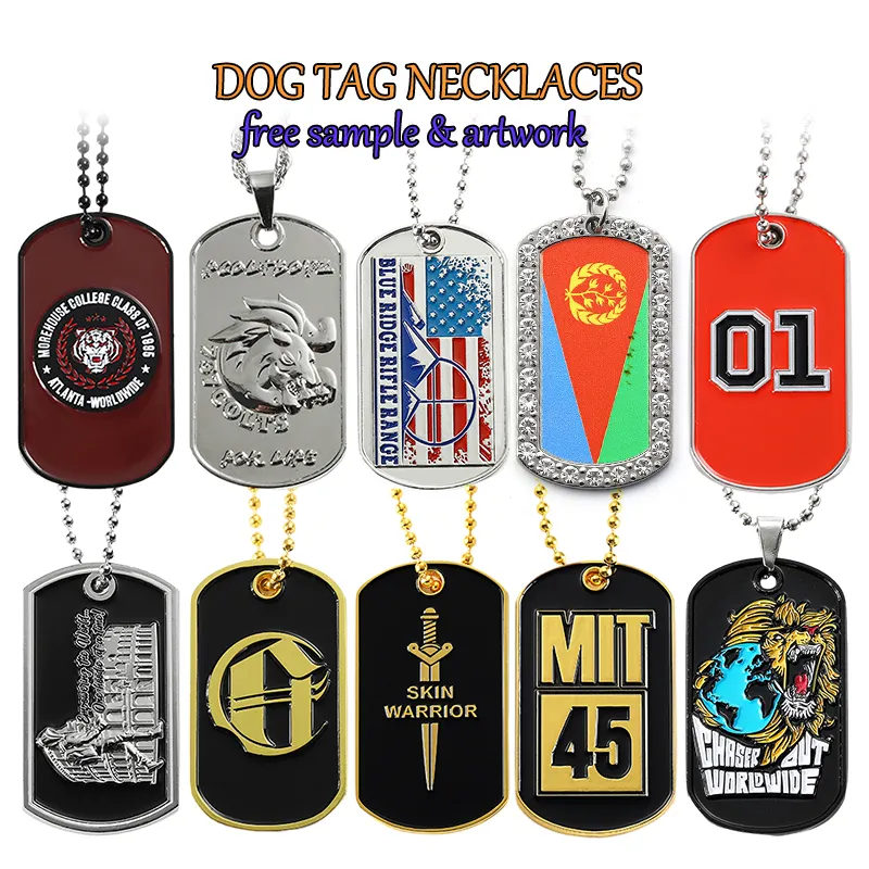 Free Sample Custom Dog Tag Necklace Pendant 2d 3D Fashion Men Hip Hop Letter Logo Name Tag Metal Enamel Dog Tags for Engraving