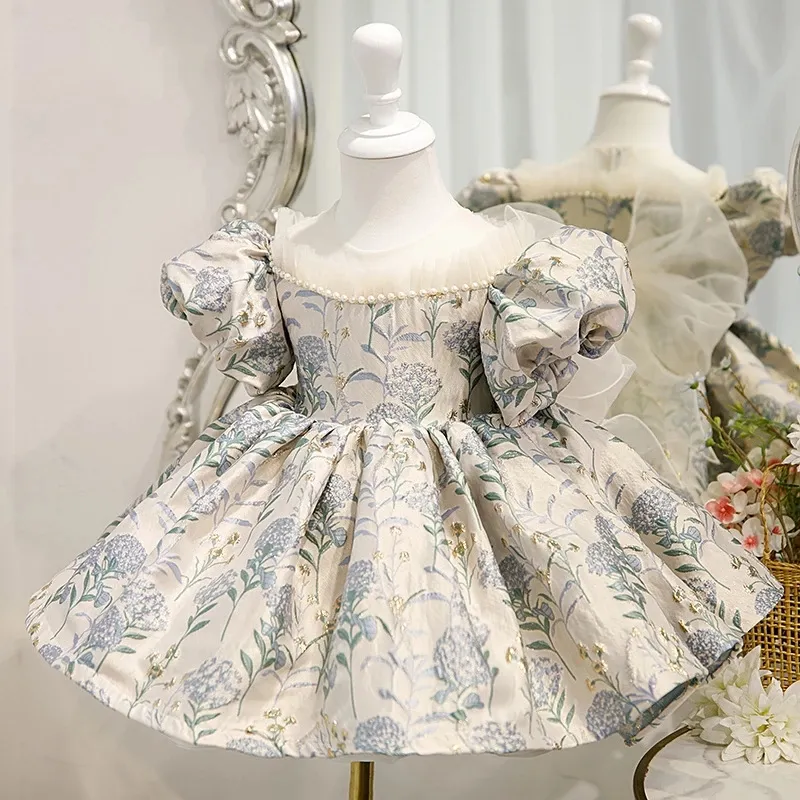 Robe de princesse Jacquard à manches bulles pour bébé fille, robe rétro espagnole pour fille, 1er anniversaire, fête, tutu