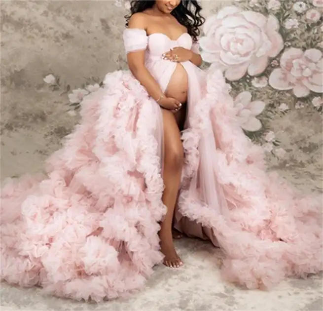 मैटरनिटी गाउन लेस मैक्सी ड्रेस महिलाओं के कपड़े फोटोग्राफी गर्भावस्था ड्रेस फोटो शूट के लिए फ्लफी ट्यूल क्लॉथ