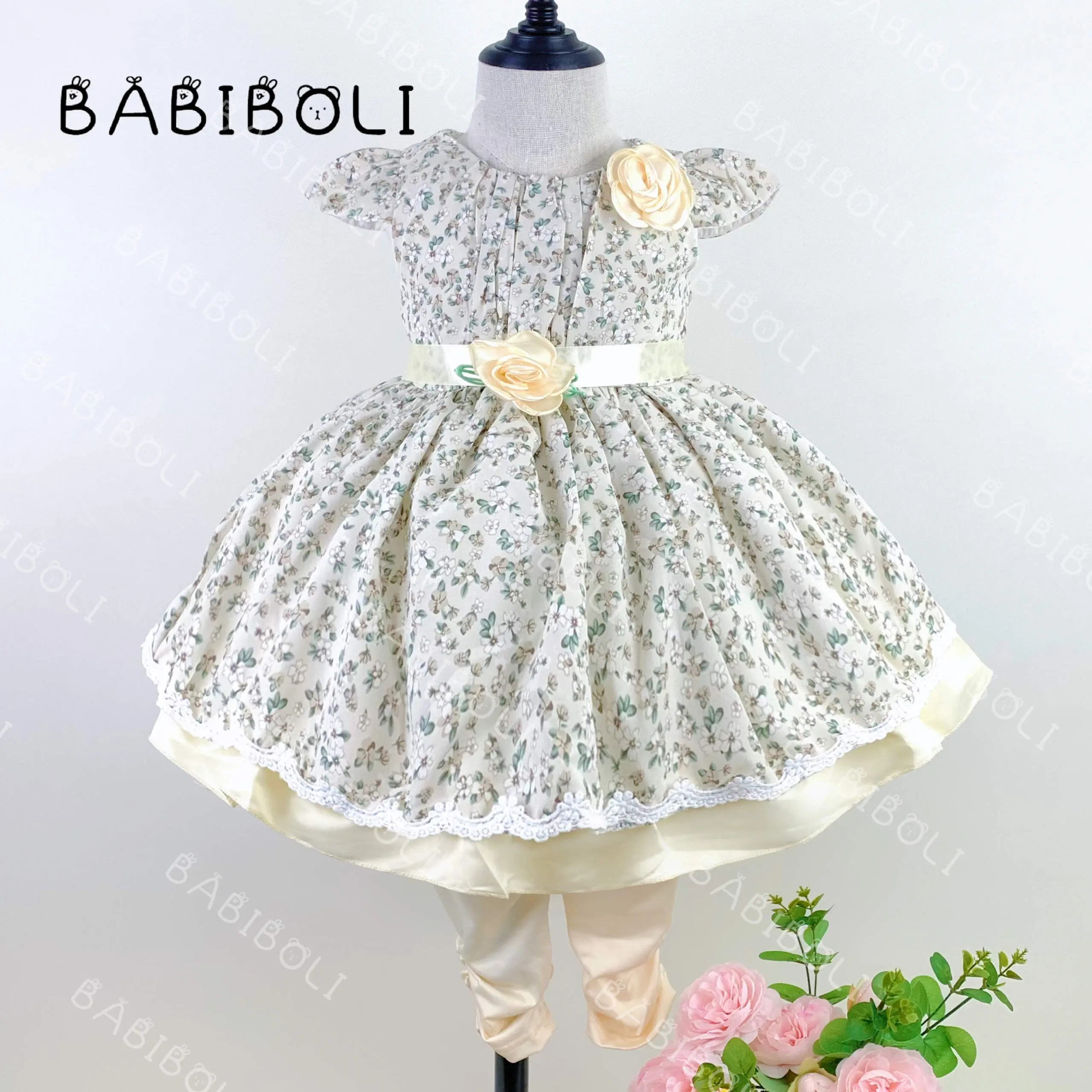 Babiboli ชุดเด็กผู้หญิง0-2ปี, ชุดเดรสลายดอกไม้ครีมเสื้อผ้าเด็กผู้หญิง
