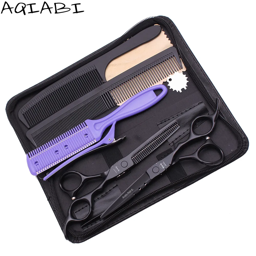Hair Cutting Scissors Set 5.5 "6'' AQIABI 440C Black Thinning Shears Professional Barber Scissors Add Bag A1010