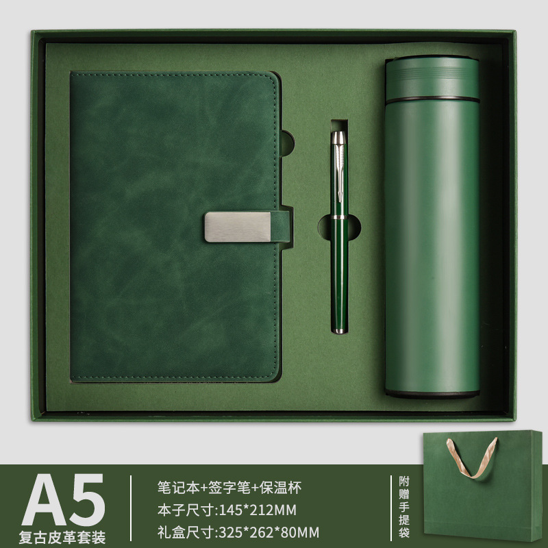 Carnet + stylo signature + tasse isotherme 304 (vert foncé)