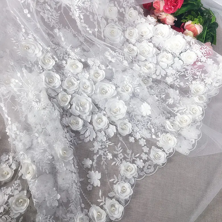 Atacado de fábrica de alta qualidade 3d bordado flor renda casamento vestido de tecido