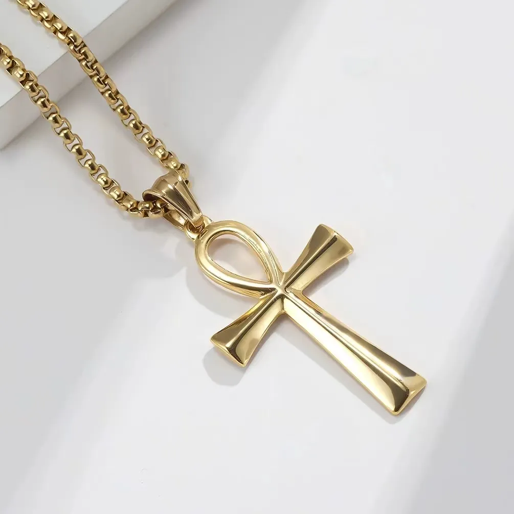 Film and television matching titanium steel ancient Egyptian life symbol necklace cross pendant trendy personality cross pendant