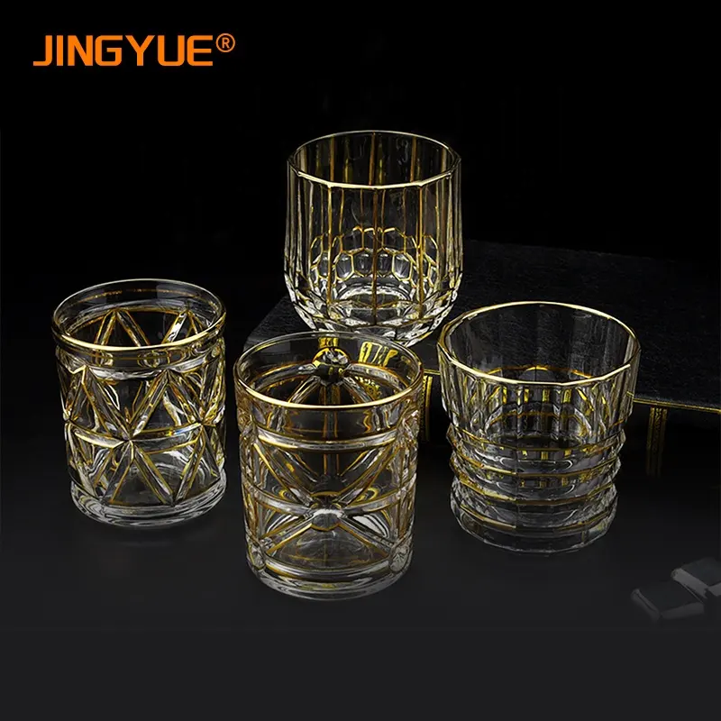 Jingyue-vasos de whisky con borde dorado, Copas de whisky de estilo antiguo para licor Bourbon y bebidas de cóctel