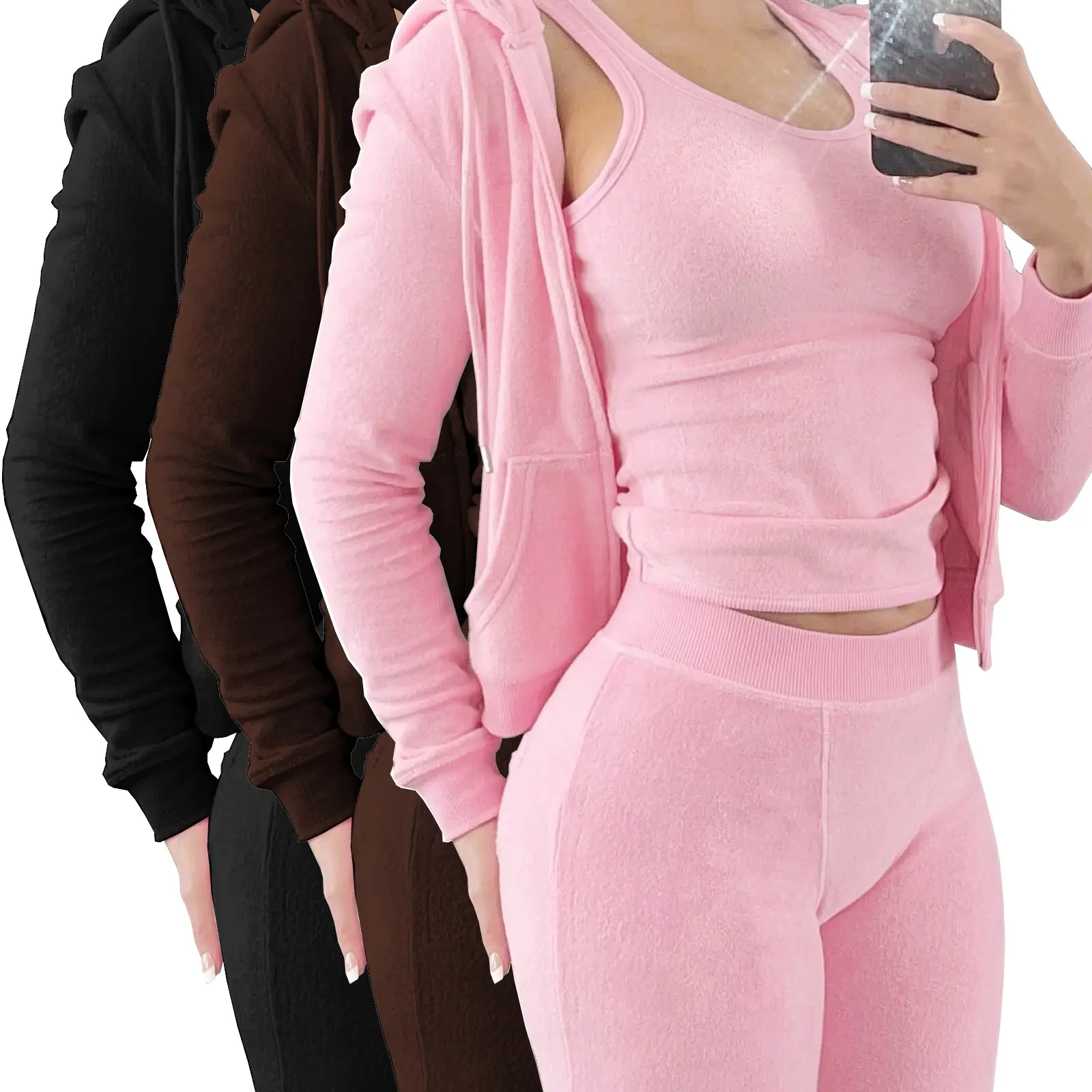 Fabricantes personalizados peso ligero Y2k deporte algodón relleno Zip Up Crop sudadera pantalones de chándal sudaderas con capucha y Jogger Conjunto para las mujeres