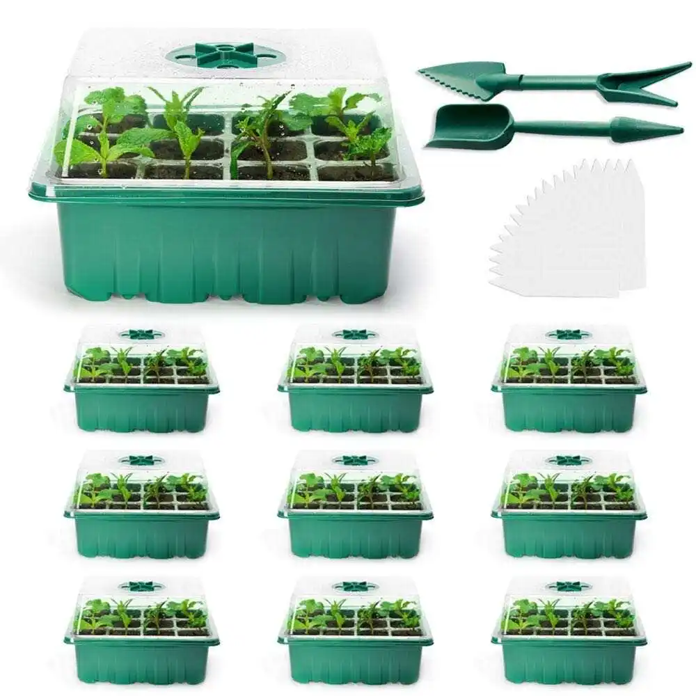 Bandeja de germinación de semillas de habitación cálida de plástico, 12 celdas, con base y tapa