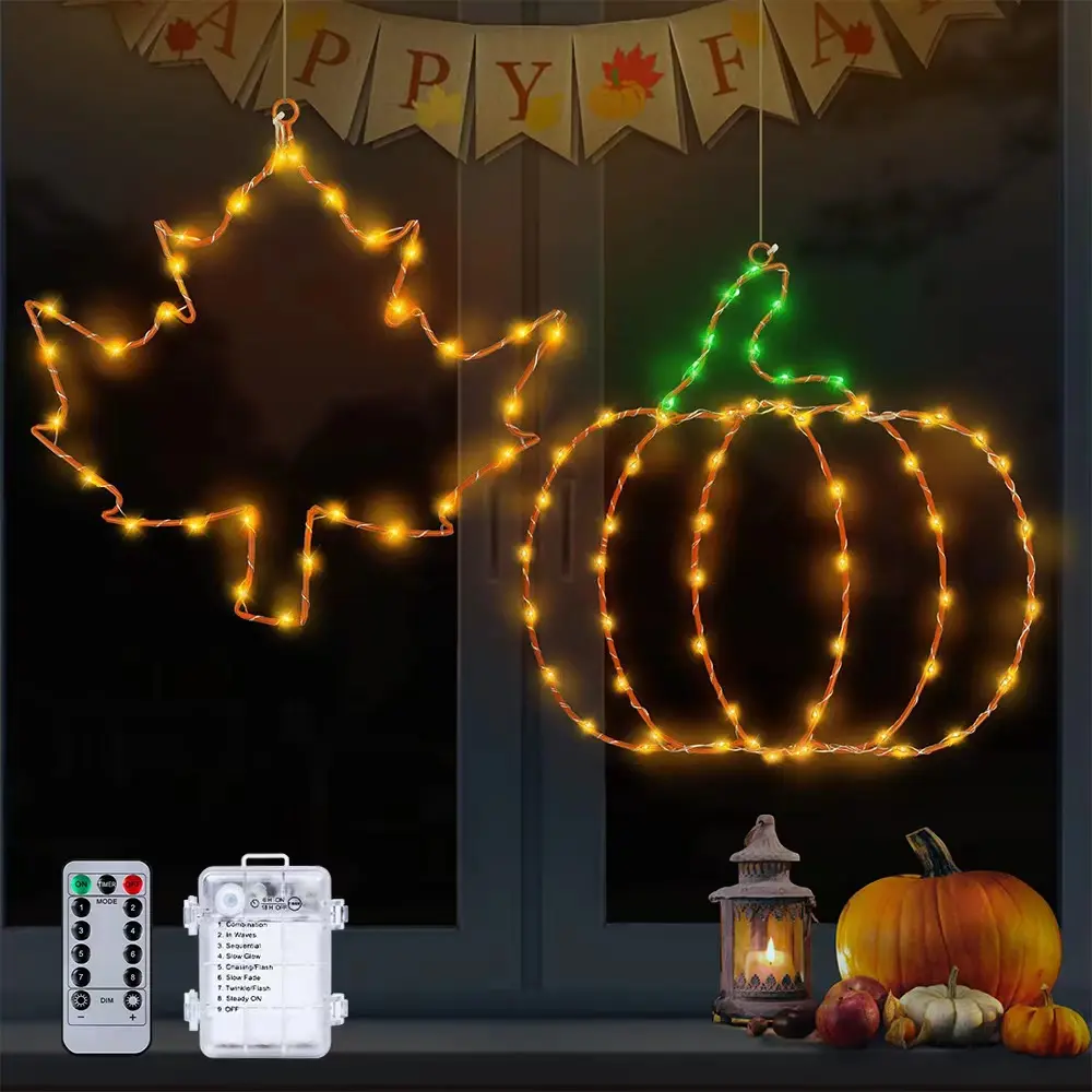 2022 waterproof copper wire led string light with maple leaf shape pumpkin shape battery box powered for garden halloween party