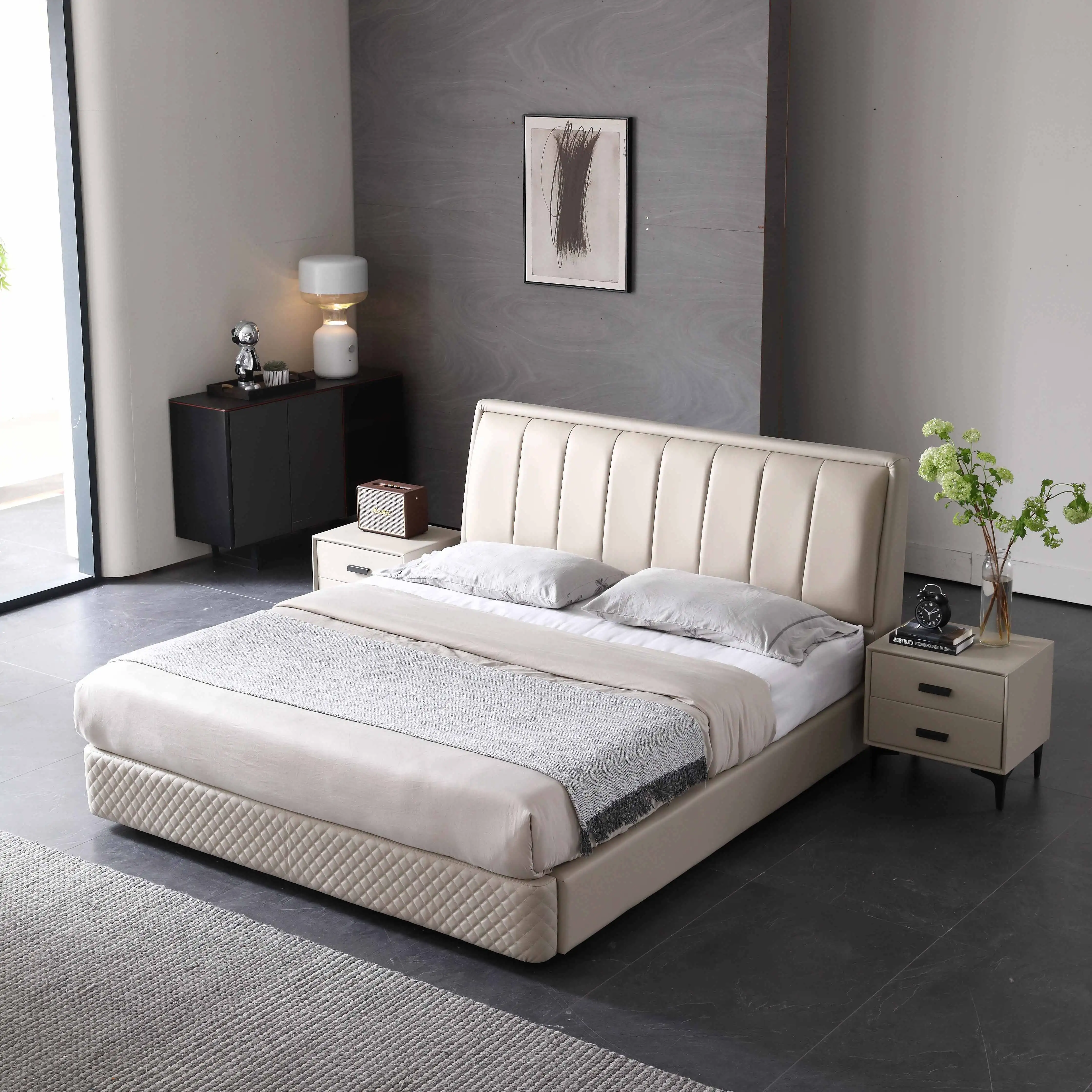 Mobili per la casa in stile di lusso leggero italiano piattaforma in morbida pelle importata letto con struttura in pino russo letto morbido in pelle bianca