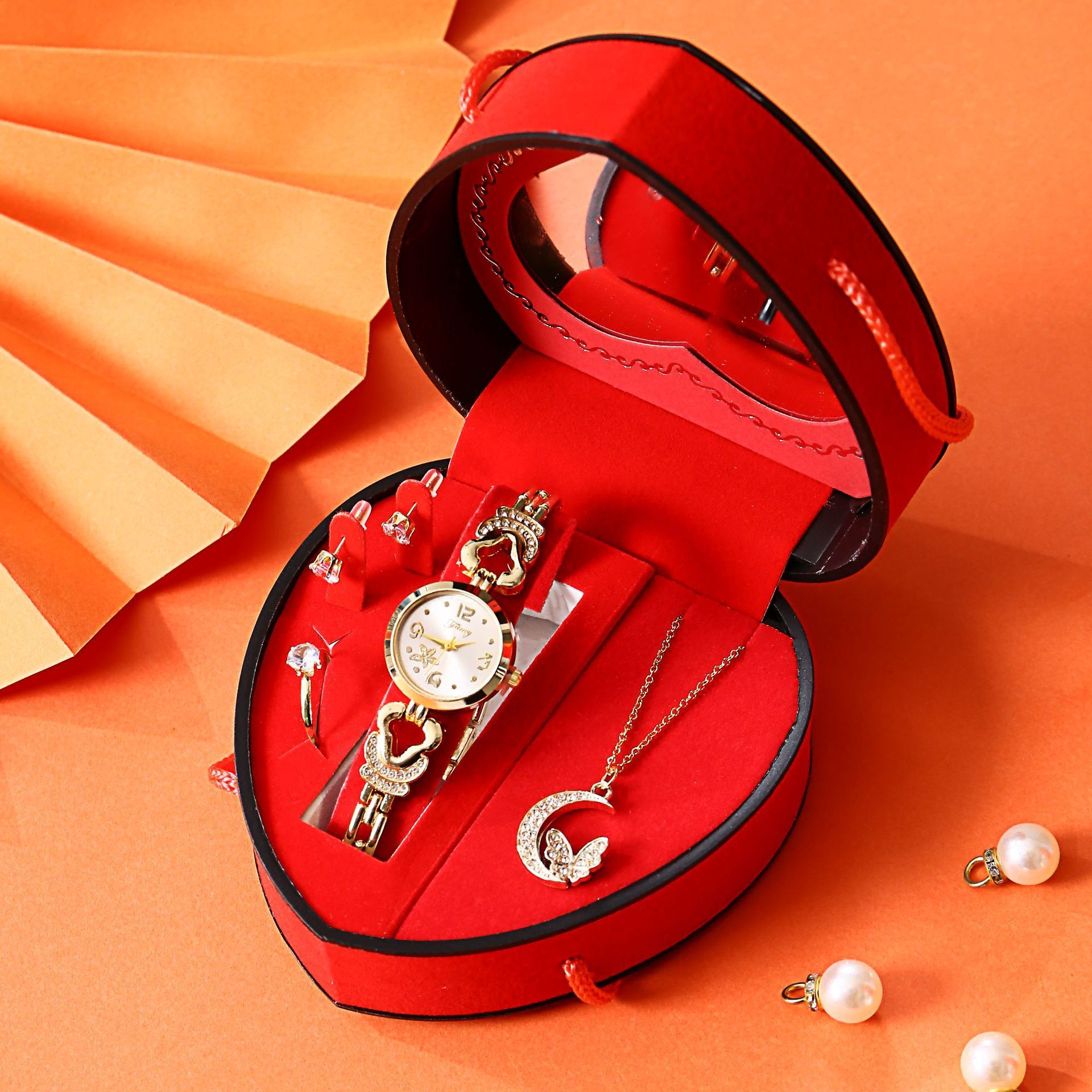 Juego de 5 piezas: reloj, collar, pendientes, anillo, caja de regalo - t118k-8