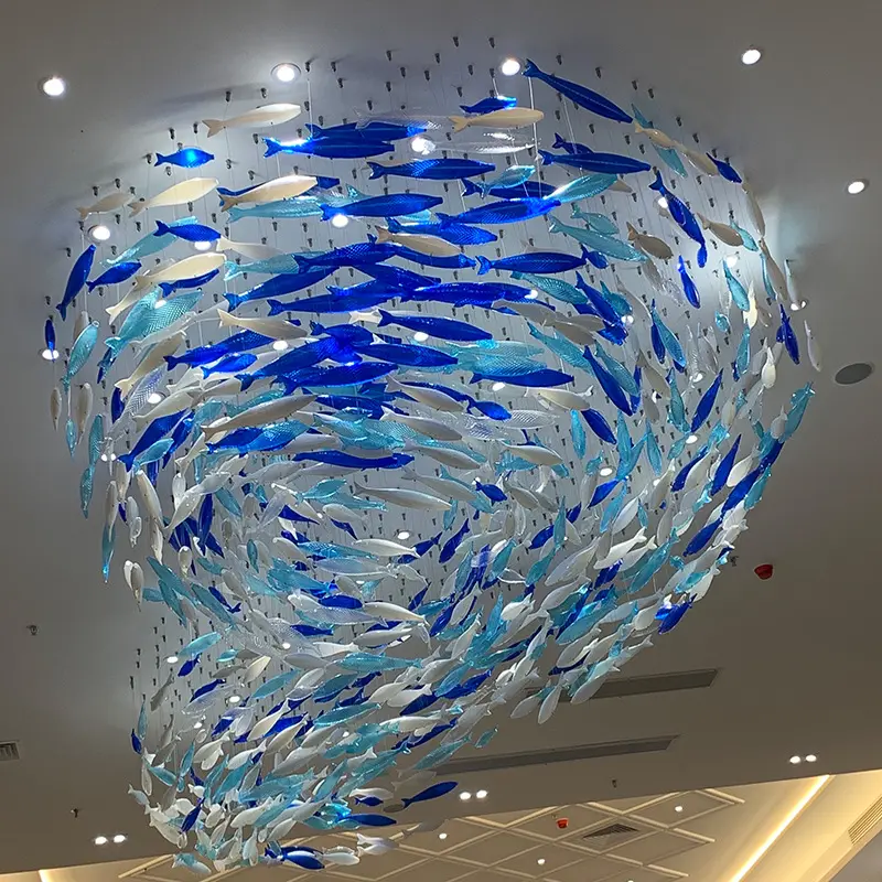 最高のデザインラウンド卸売カスタム屋内装飾セラミックガラス魚ライトシャンデリアホテルレストラン市場