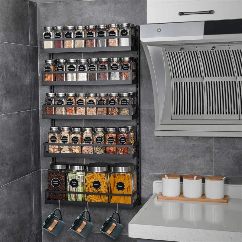 Montaggio a parete Spice Rack Organizer 5 Fila Regolabile in Altezza Appeso Spezie Scaffale di Stoccaggio per la Cucina Dispensa Porta Dell'armadio Condimento