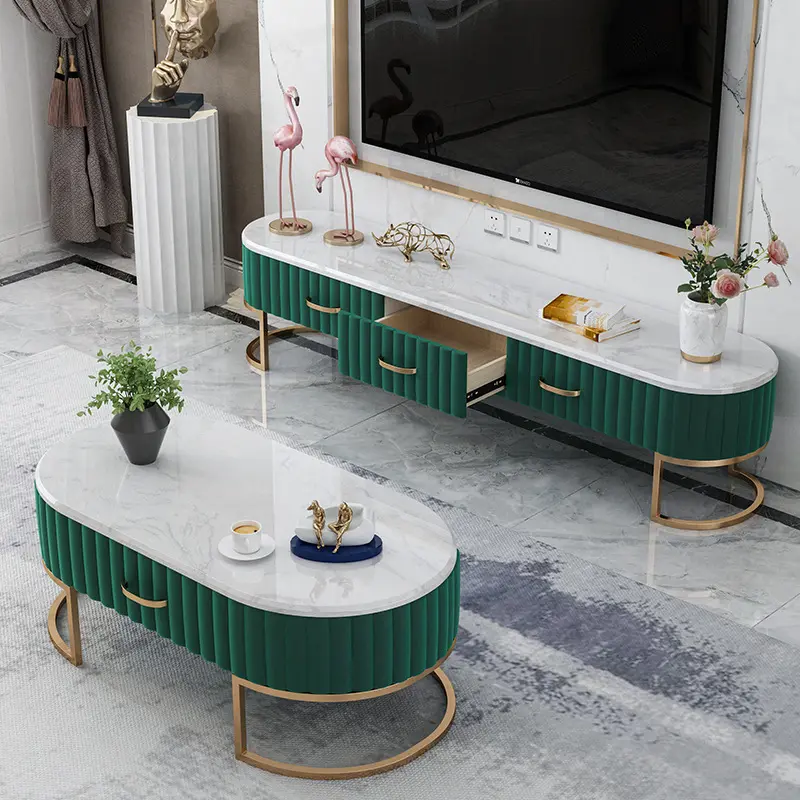 Cadre en acier inoxydable de luxe dessus en marbre Table basse salon Table centrale Table à thé en bois meuble TV ensemble pour la maison