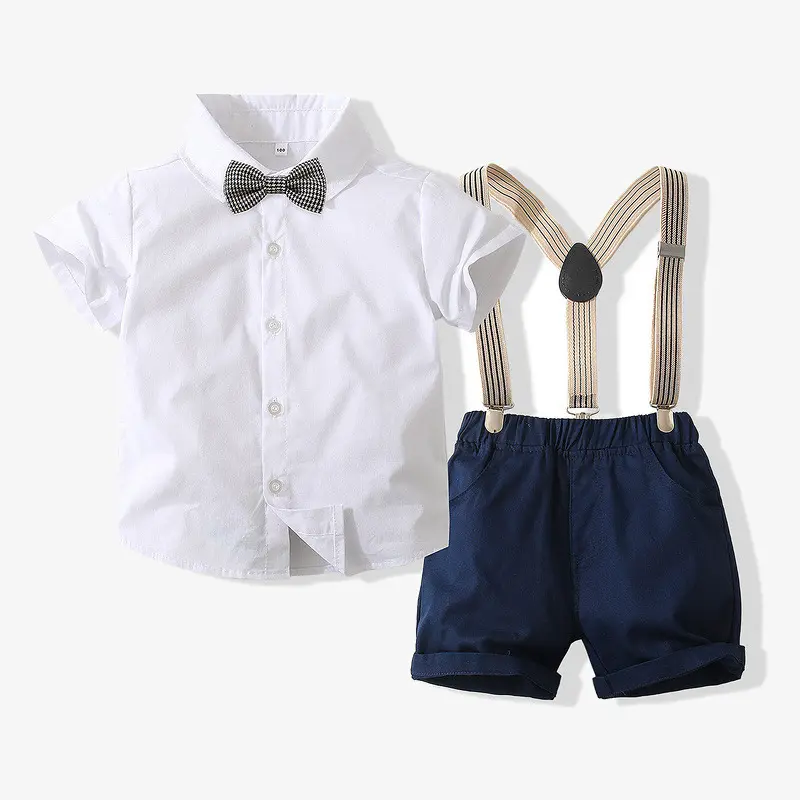 Conjuntos de ropa de calidad para bebé, traje de manga corta de 1 año para cumpleaños para niño, trajes de vestir con lazo, venta al por mayor