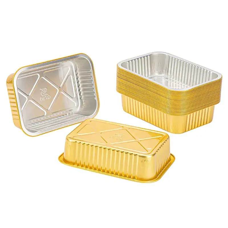 プラスチック蓋付きリサイクル可能ゴールドカラー滑らかな壁アルミホイル食品容器トレイ工場メーカー