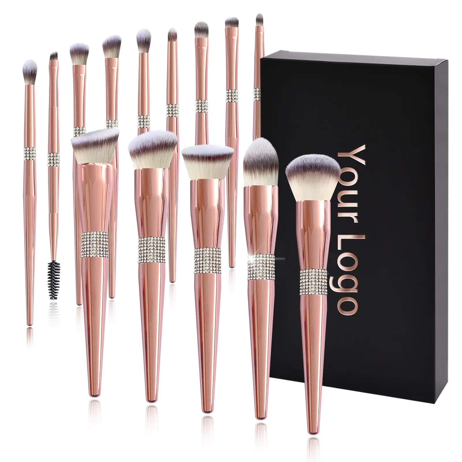 Private Label Metal Rose Gold Brush Logo personalizzato 14 pezzi Luxury Glitter Diamond Bling pennello per trucco Set di pennelli per trucco