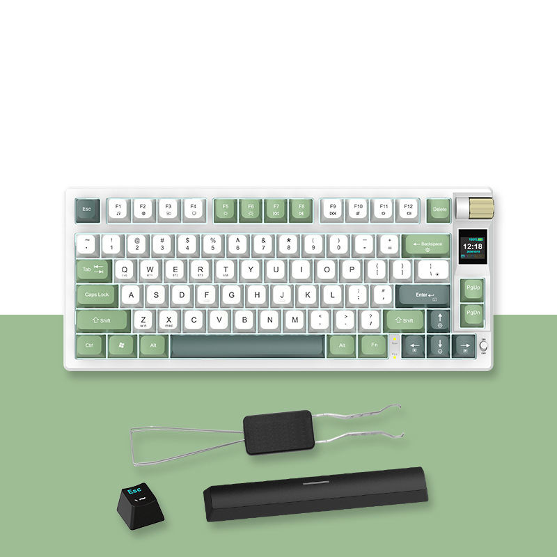 Teclado con pantalla RGB+TET, pantalla oculta y diseño "luna verde".