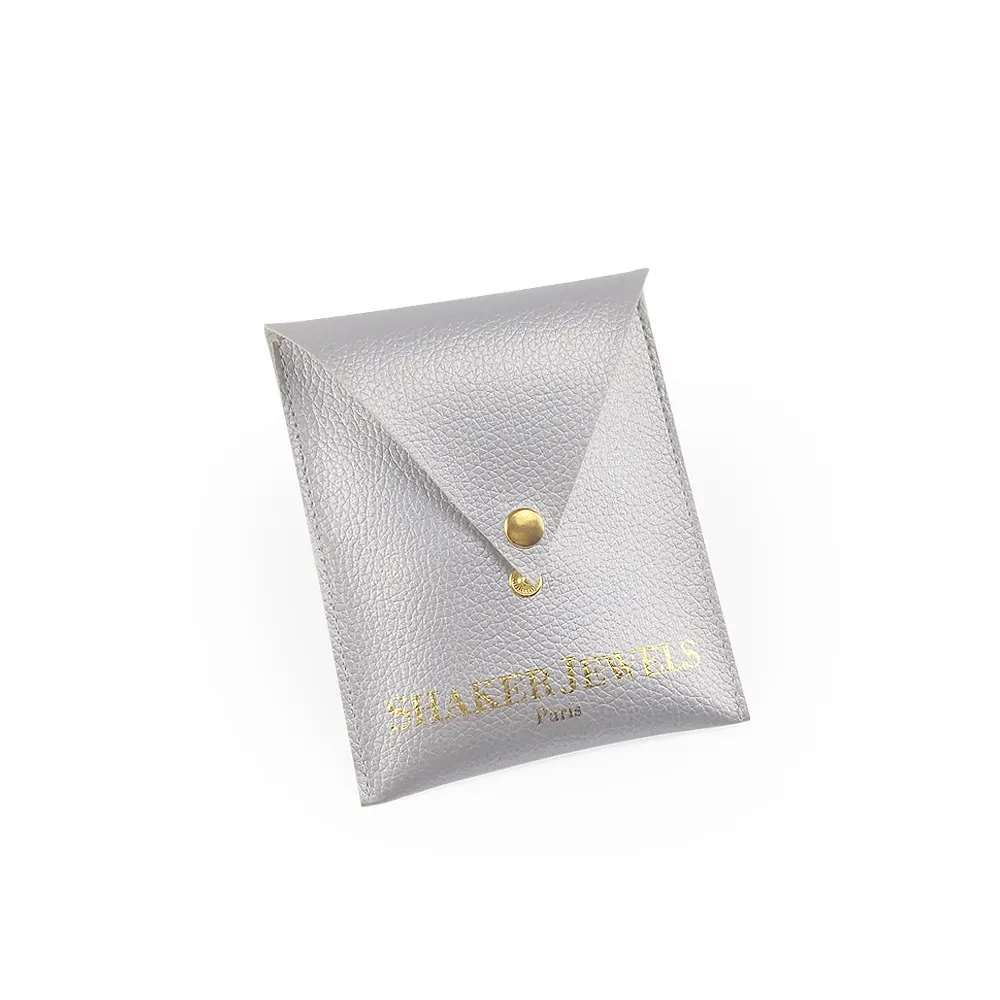 press button jewelry silver envelope bag custom color and size faux leather pouches logo gold foil
