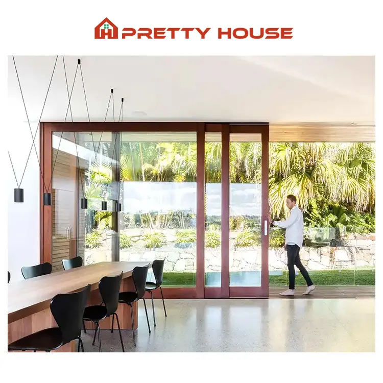 أبواب ألومنيوم مزدوجة مزججة موفرة للطاقة عالية الجودة من مصنع Prettyhouse أبواب فناء كبيرة من الزجاج المنزلق