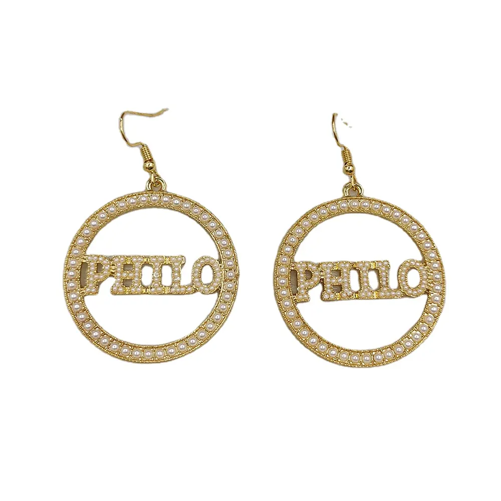 Fashion Women's Gold Round Pendant Earrings All Pearl Greek Letter PHILO Earrings
