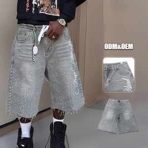 مخصص للرجال Y2K الهيب هوب حجر الراين الدنيم السراويل المتعثرة غسلها Jorts خمر سحاب يطير السراويل الطباعة القطنية - Product Image 3