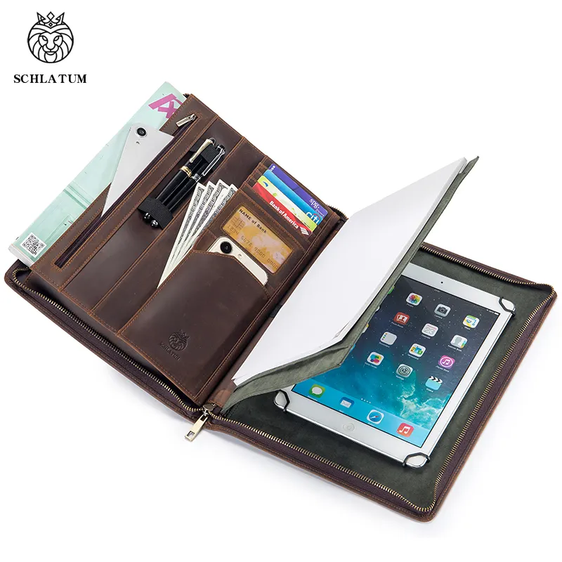 SCHLATUM Genuine Leather A4 zippered Portfolio Organizer Padfolio Business Resume Legal Pad Notebook Binder Folio Folder