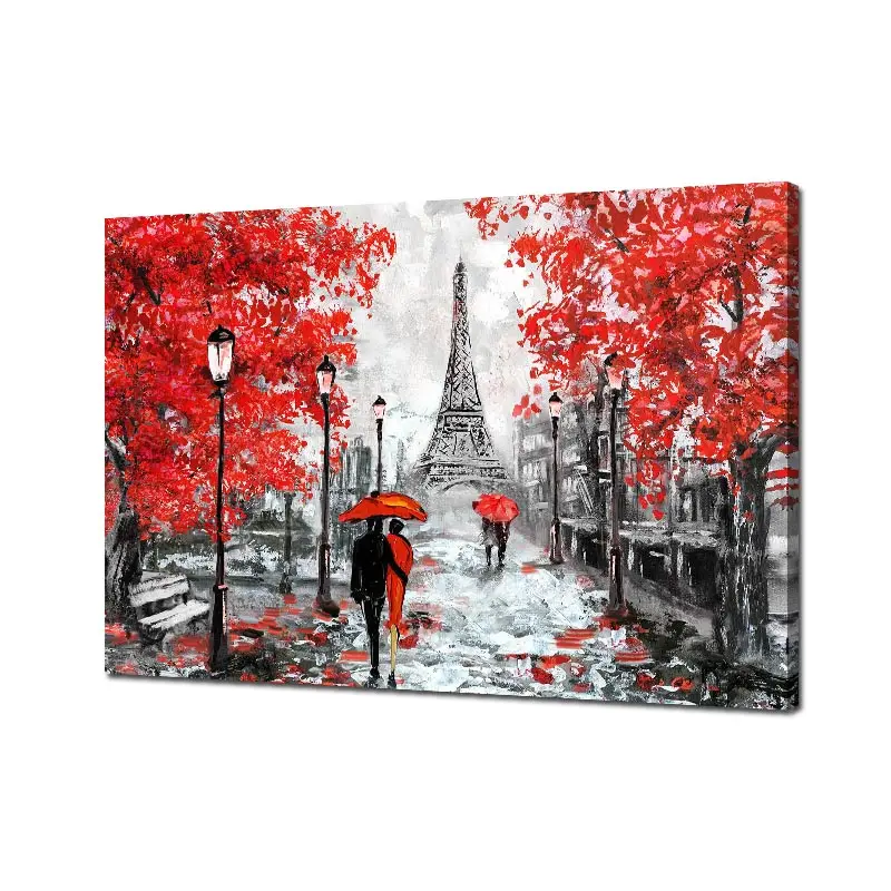 Paris torre eiffel imagem folhas vermelhas, casais com guarda-chuva, paisagem, pintura a óleo arte em tela para a galeria