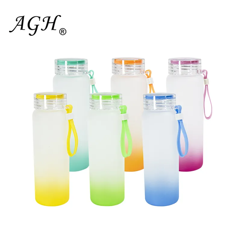 USA Warehouse AGH 17oz 500ml gradiente recto ombre sublimación en blanco botella de agua de vidrio esmerilado con tapa portátil