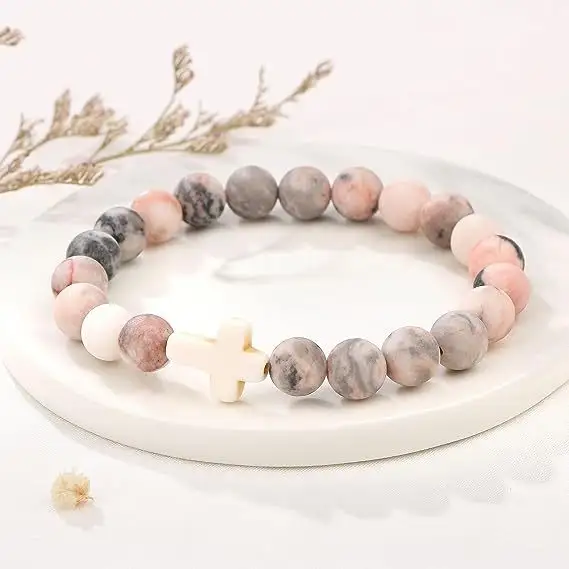 Fe Religiosa Pascua Católica Cristiana Cruz Pulsera Comunión significativa Pulseras de piedra natural para regalos cristianos