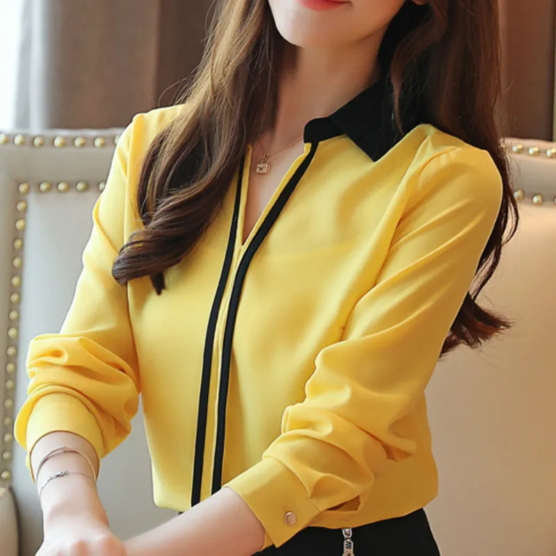 Blusa De manga larga Chifón con para oficina, camisa amarilla con cuello vuelto para Mujer, De Moda