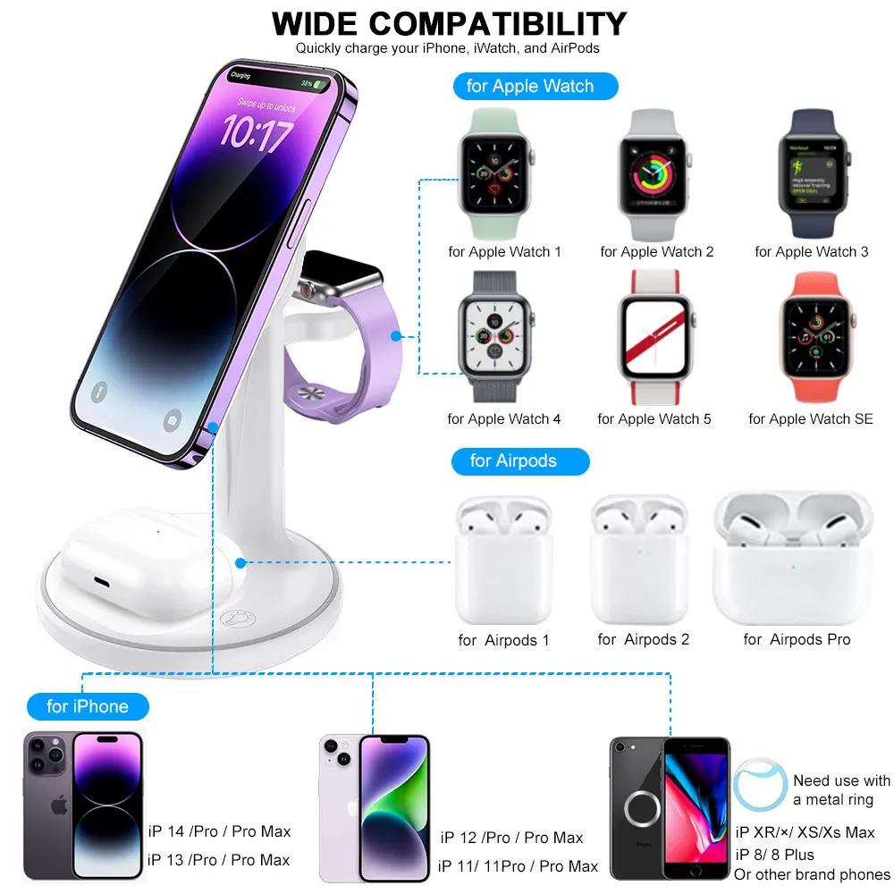 Productos más vendidos 2023 Universal QI portátil 31 3 en 1 cargador inalámbrico para reloj Airpods teléfonos móviles para Iphone