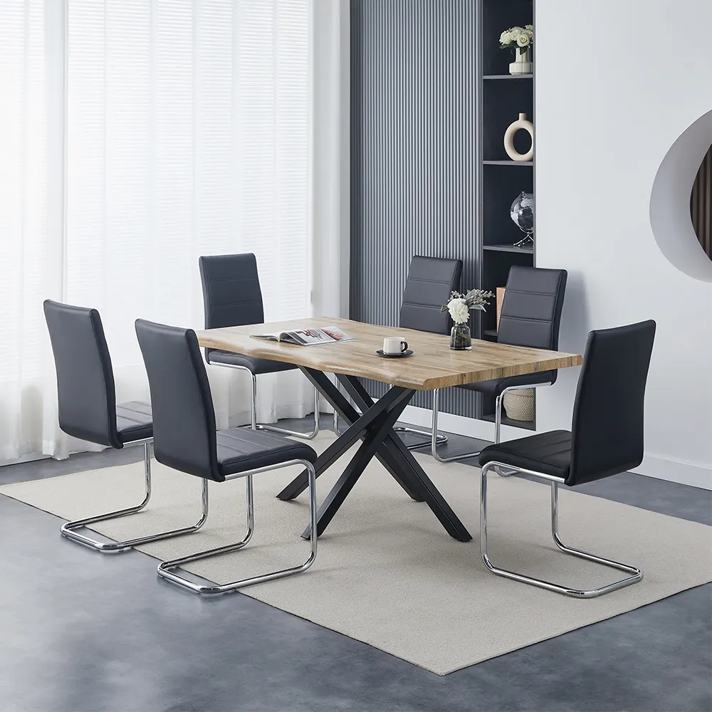 Novo design x forma barato ferro pernas madeira maciça mesa de jantar superior e couro do vintage cadeiras