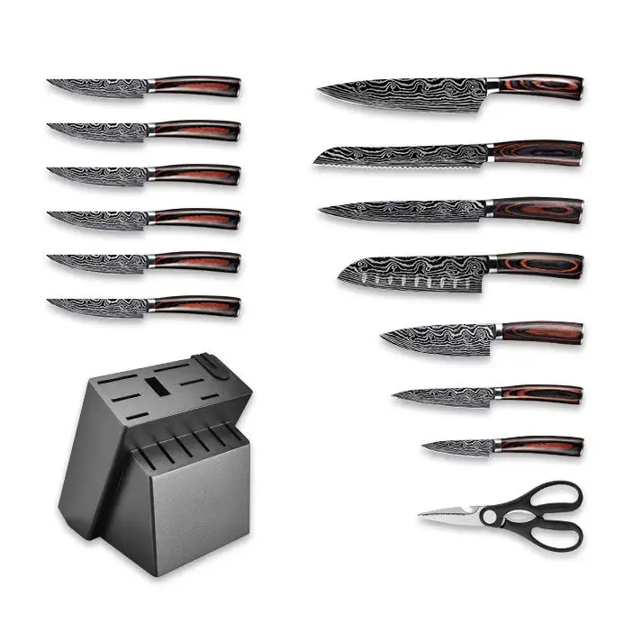 Set di coltelli da cucina in acciaio damasco ad alta durezza da 15 pezzi di nuovo Design con blocco