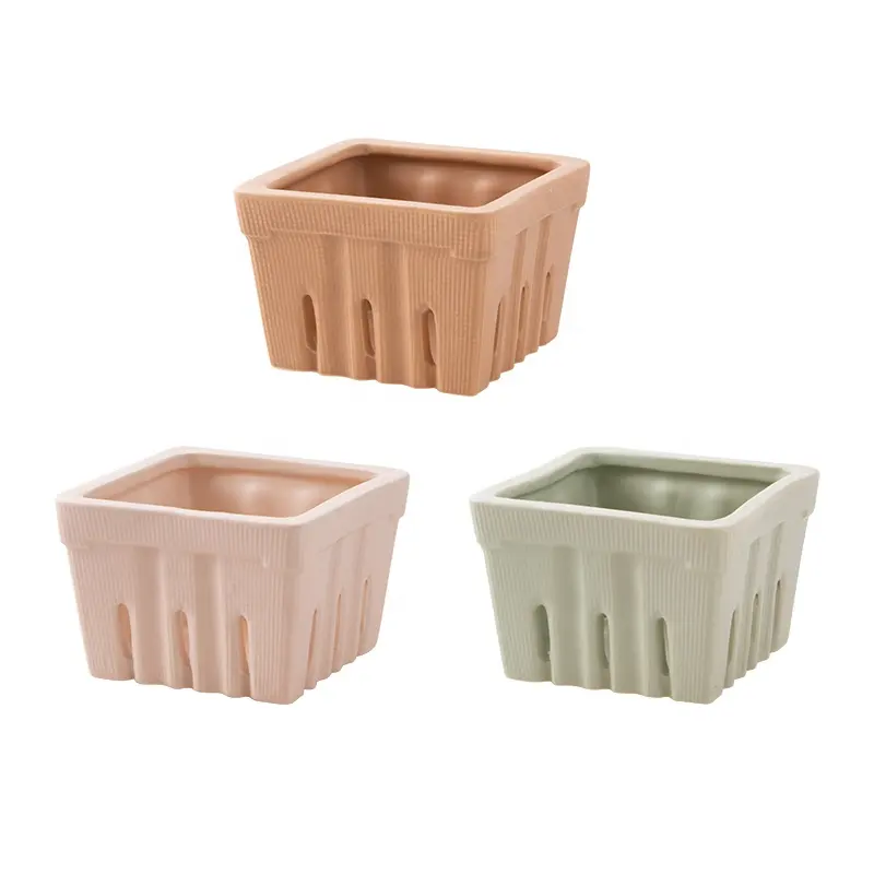 Farmhouse Fruit Bowl Container Textured Stoneware Colander Square Multicolor Ceramic Berry Basket