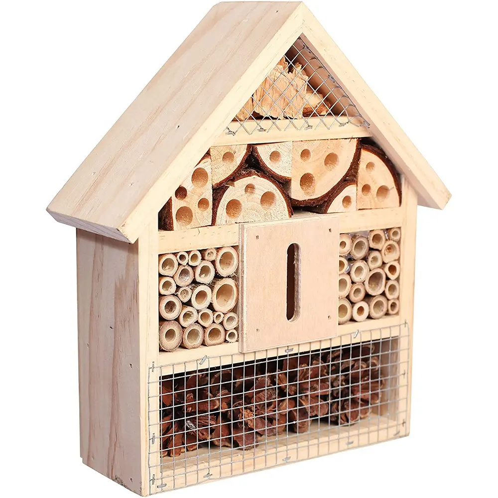 Custom Soild Wood Bee House Eco-Frienldly Natuurlijke Huisvorm Houten Insectenhotel Bee Bug House/Hotel (Rood)