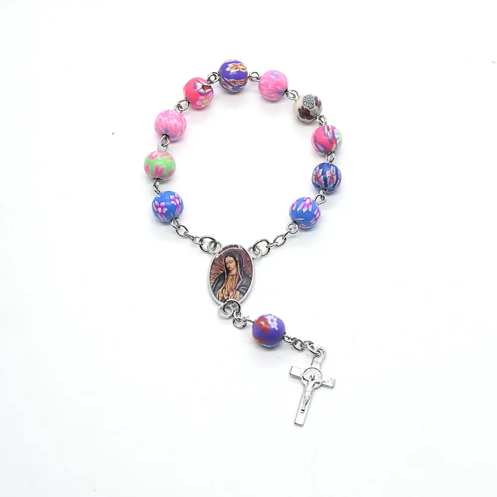 Pulsera con cuentas de arcilla polimérica para mujer, brazalete religioso con Cruz de la Virgen María, regalo de joyería