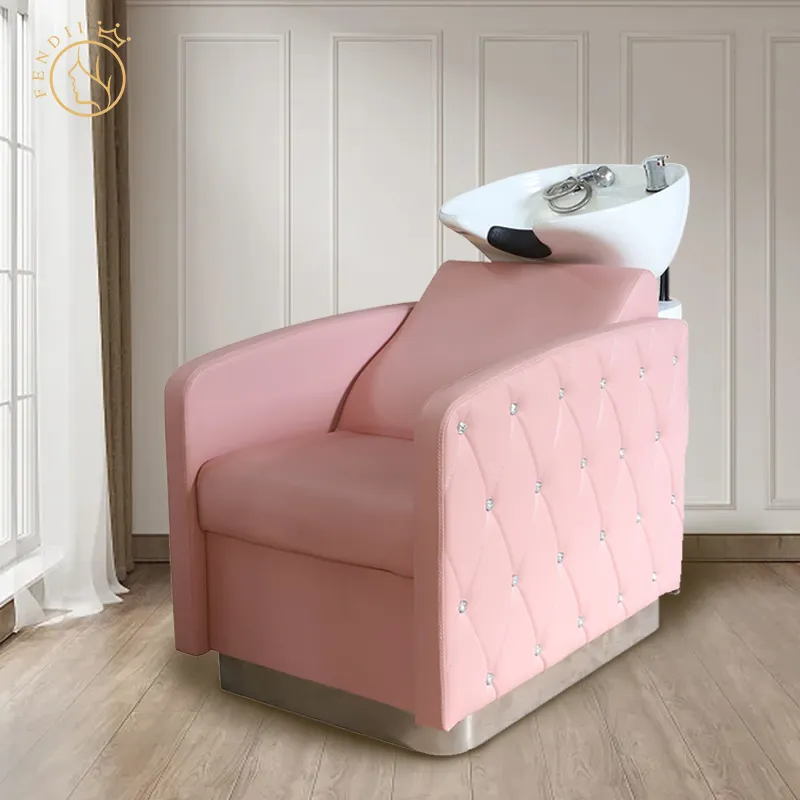 เก้าอี้ชามแชมพูมีพนักพิงสีชมพูหรูหราสำหรับร้านเสริมสวย