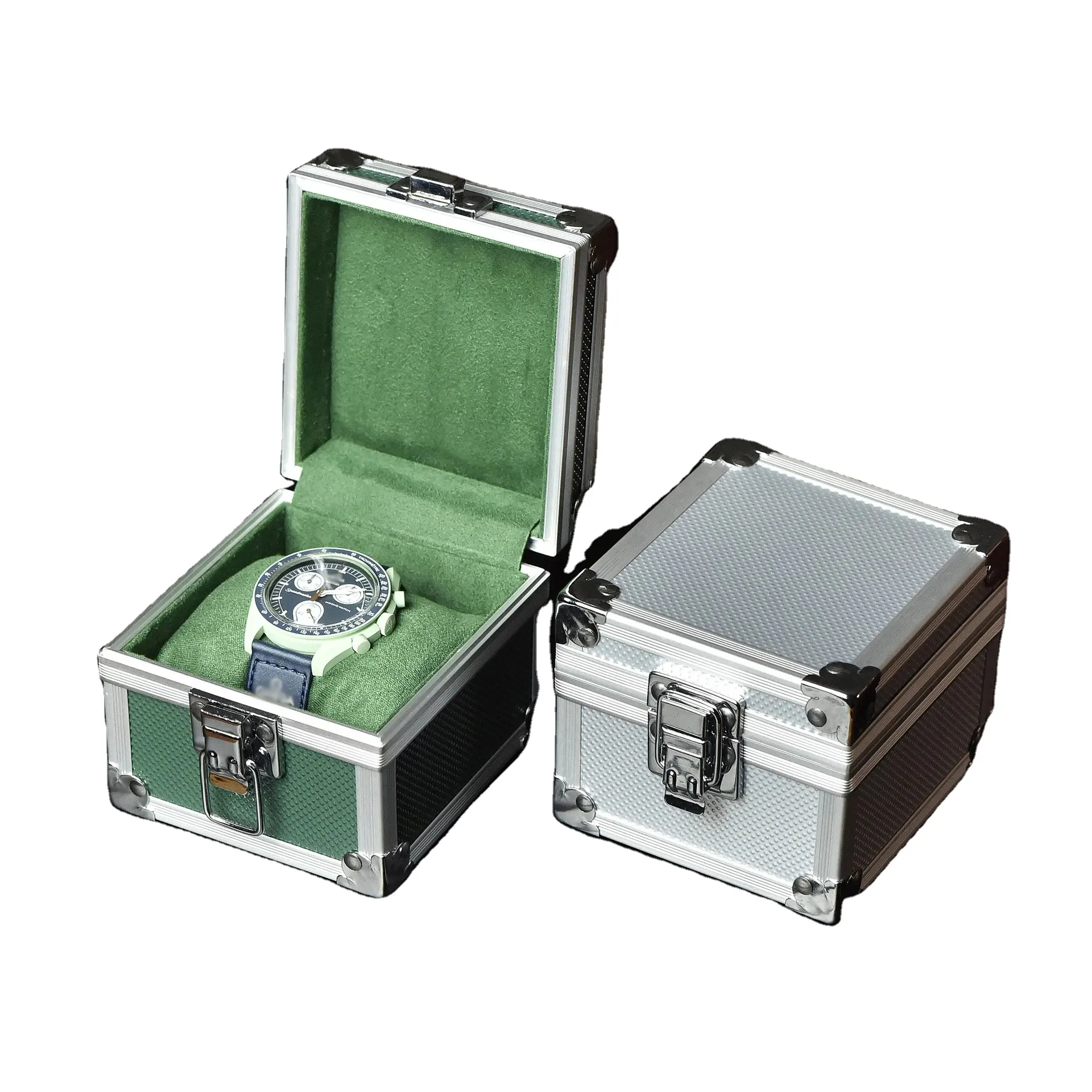 חריץ יחיד אלומיניום ירוק כסף תיבת שעון נייד תיבת אחסון שעון תיק קטיפה שעון כרית מתכת