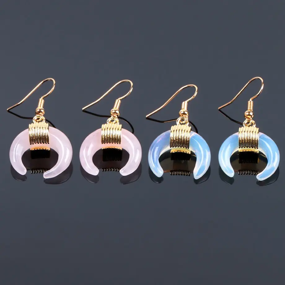 NUORO Creative Gemstone OX Horn Moon Pendientes Coloridos Piedra Natural Crystal Crescent Hook Pendientes Para Mujeres
