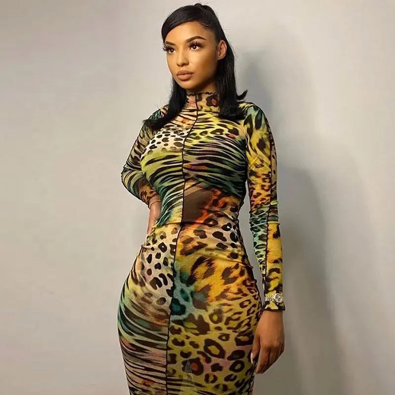 Vestido largo de malla con estampado de leopardo para mujer, vestidos sexys transparentes con volantes, ropa de fiesta ajustada
