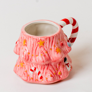 Sarı yıldız ve kardan adam içme fincan çay bardağı ile özel çizgili kolu seramik pembe renk su kupası - Product Image 3