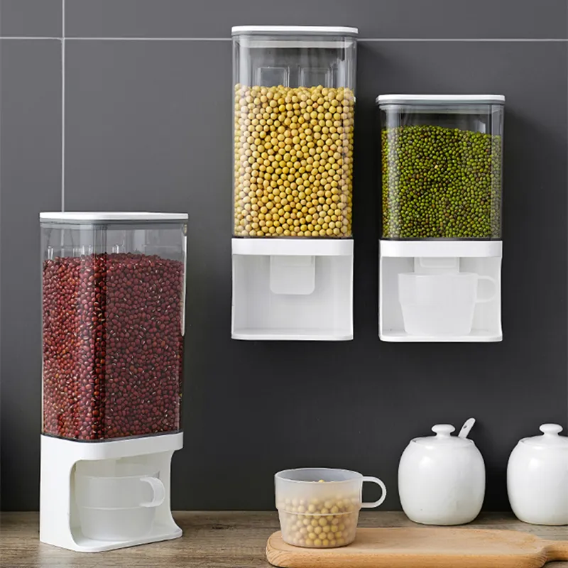 Dispensador de plástico montado en la pared para cocina, contenedor de almacenamiento de alimentos secos, cereales y arroz, gran capacidad, dividido, nuevo