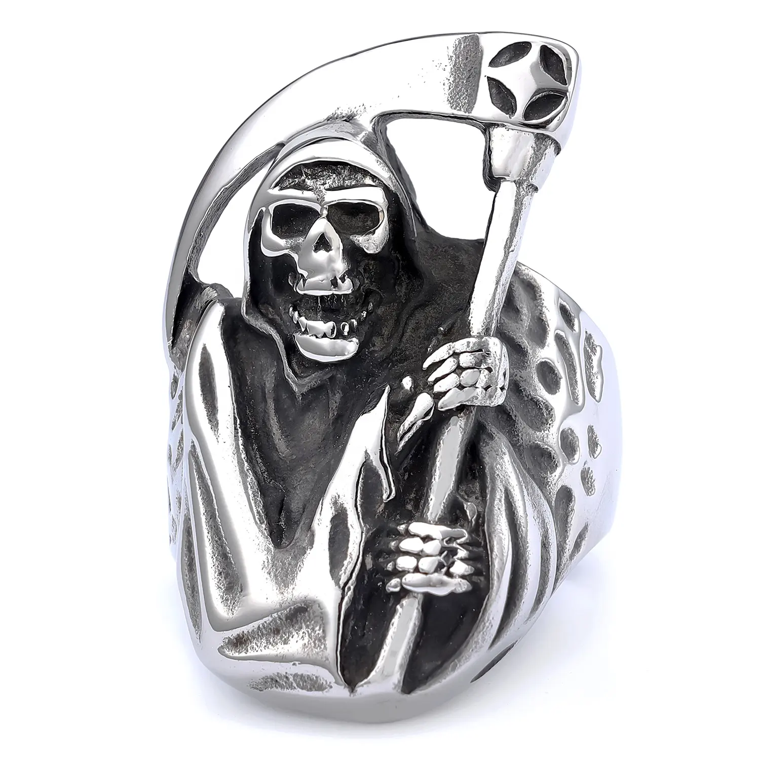 Custom Design Punk Rock Roll in acciaio inossidabile Biker Style Grim Reaper Ring Silver Goth Skull Ring per uomo donna