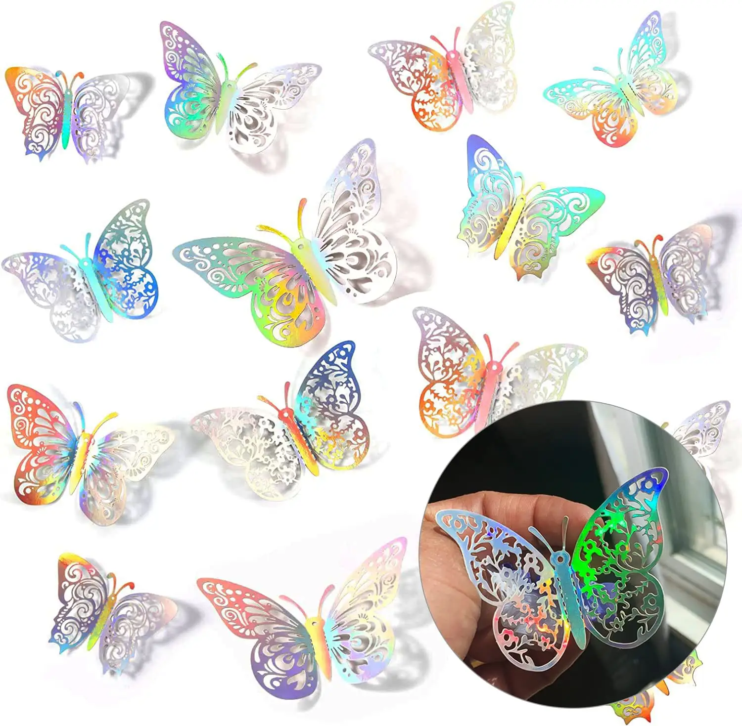 Regenbogen Silber 72 Stück Schmetterling Dekorationen 3 Größen 4 Styles3D Schmetterling Wand dekoration Schmetterling Party Kuchen Dekor Dekorationen X0151
