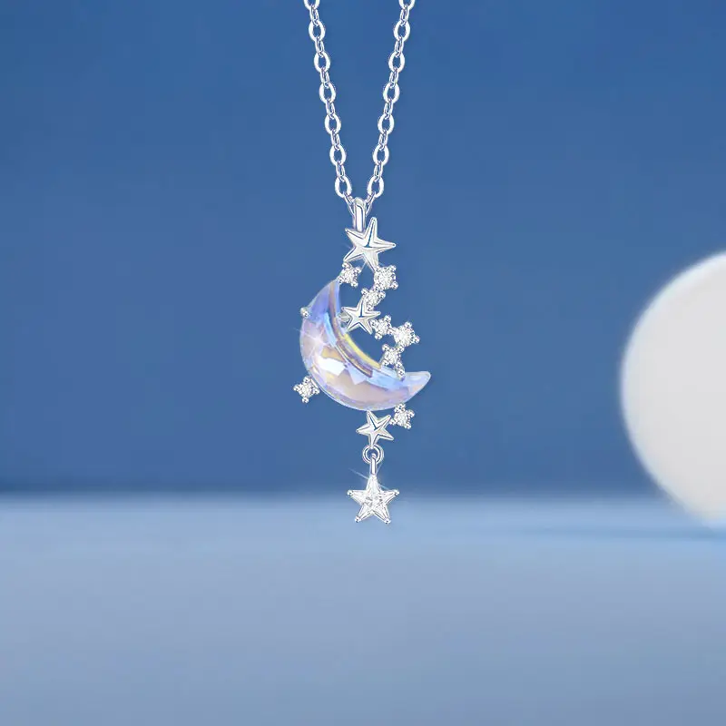 Collana con nappe a stella con diamanti e zirconi alla moda collana con catena a clavicola corta in argento Sterling S925 con luna e stella per donna