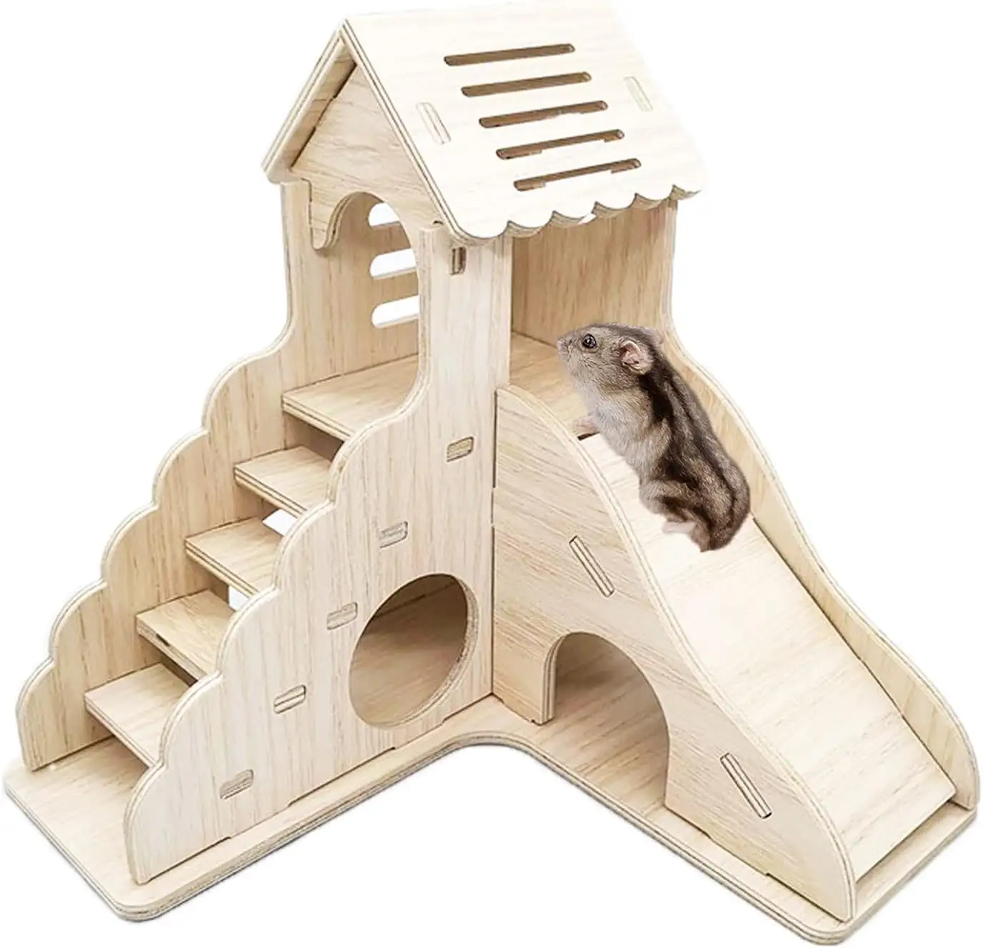 Rumah Hamster dan Habitat pondok kulit kayu dengan tangga panjat dan kumpulan kandang hamster kayu alami dengan Aksesori